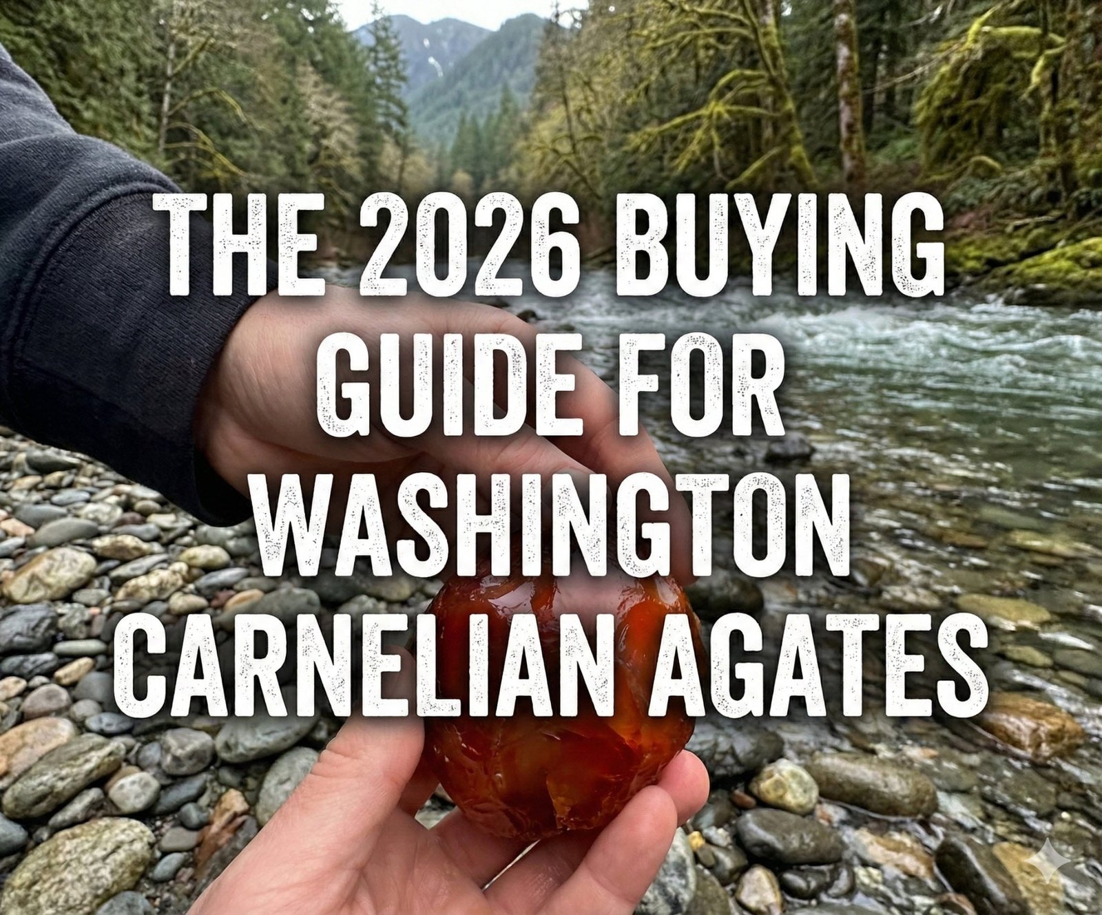Hands holding a translucent Washington carnelian agate by a Pacific Northwest river; hero image for the 2026 buying guide.