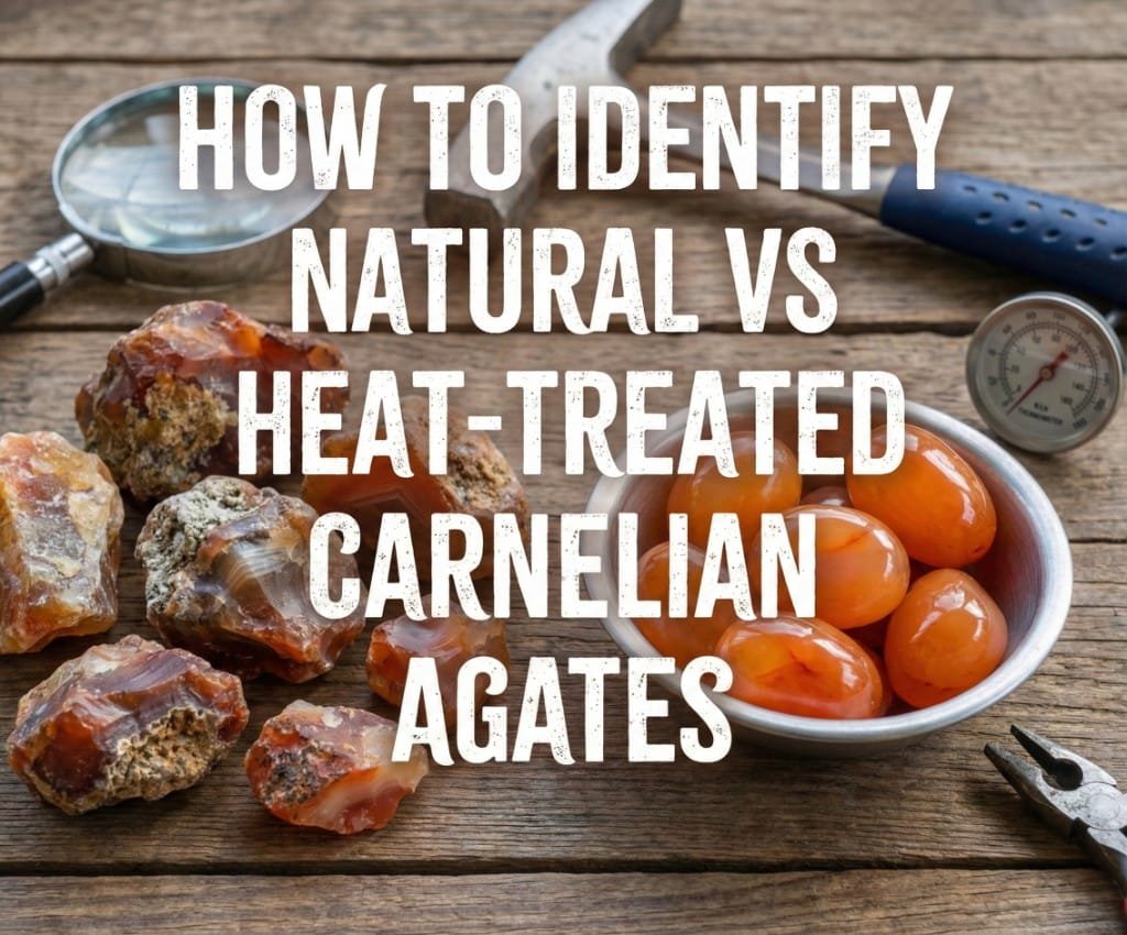 Featured image reading How to Identify Natural vs Heat-Treated Carnelian Agates displaying a comparison of raw Washington stones and polished gemstones for a buyer's guide.