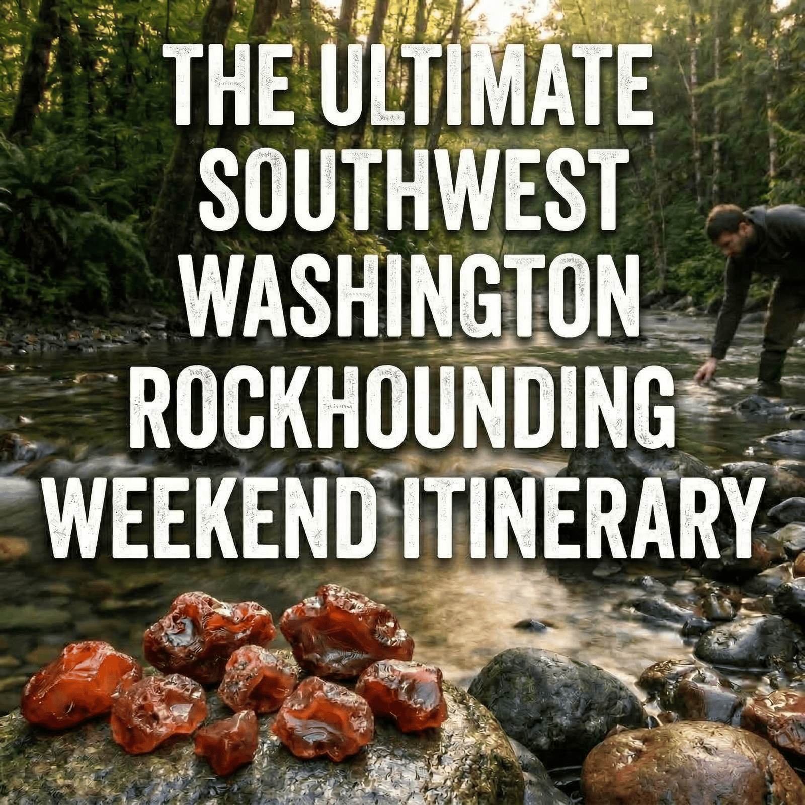 The Ultimate Southwest Washington Rockhounding Weekend Itinerary: carnelian agates on a wet rock by a clear stream, rockhounder in waders in the background, forest and golden light.