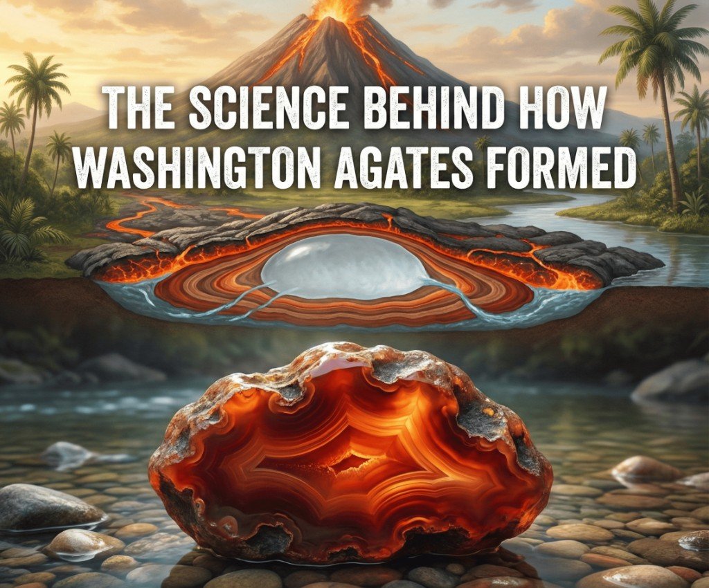 Illustrative image for The Science Behind How Washington Agates Were Formed: volcano, lava, gas-bubble diagram with agate banding, and carnelian agate in a riverbed.