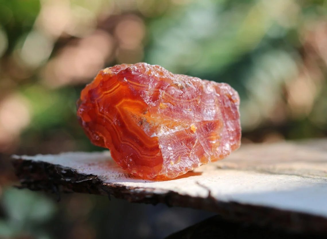 Deep red carnelian agate raw material close-up